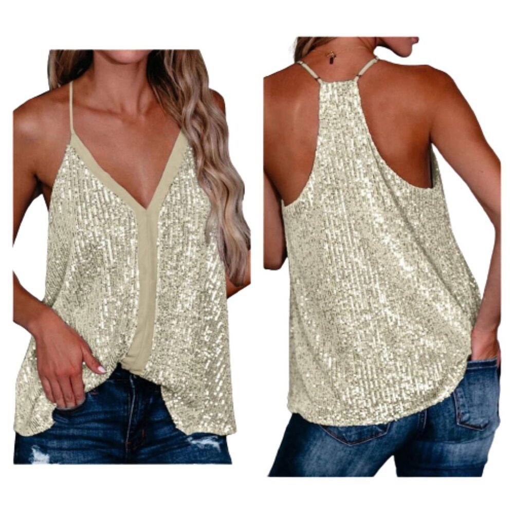 Cream Dressy Sequins Cami Blouse V-Neck Racerback Fancy Party Club Wedding